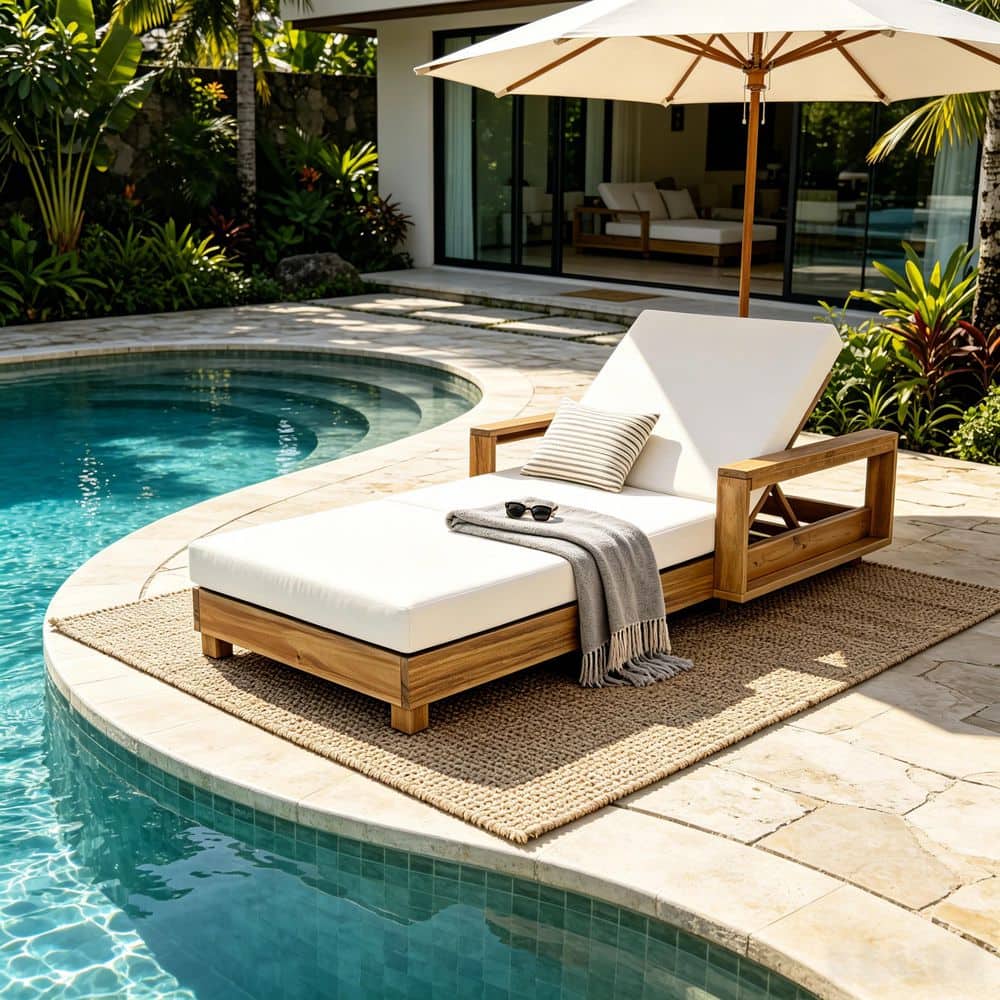 Fox Light Natural Acacia Wood Outdoor Patio Chaise Lounge with Cream 3-Fold Cushion and Adjustable Backrest