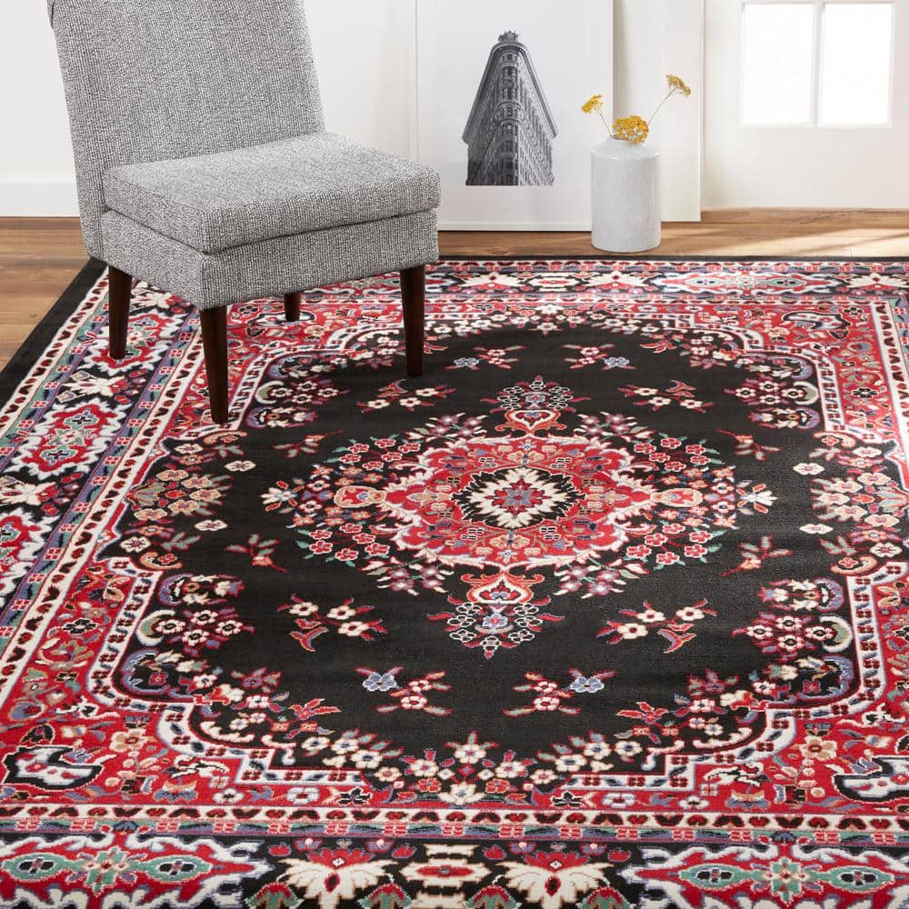 Black and Red Traditional Medallion Area Rug, 9'2" x 12'5"