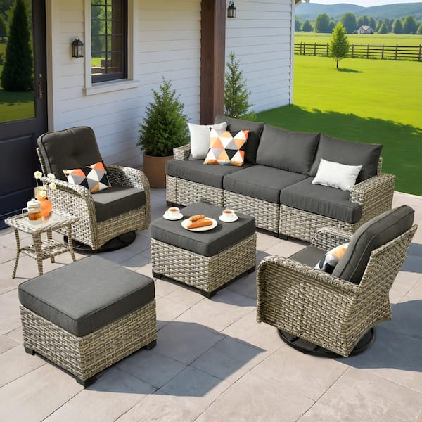 XIZZI Scorpio 8-Piece Wicker Patio Conversation Seating Sofa Set with Black Cushions and Swivel Rocking Chairs