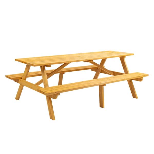 Unbranded 75 in. Brown Rectangle Wood Picnic Table Seats with Umbrella Hole, 2-Seats, Garden, DIY with 2-Built-in Benches