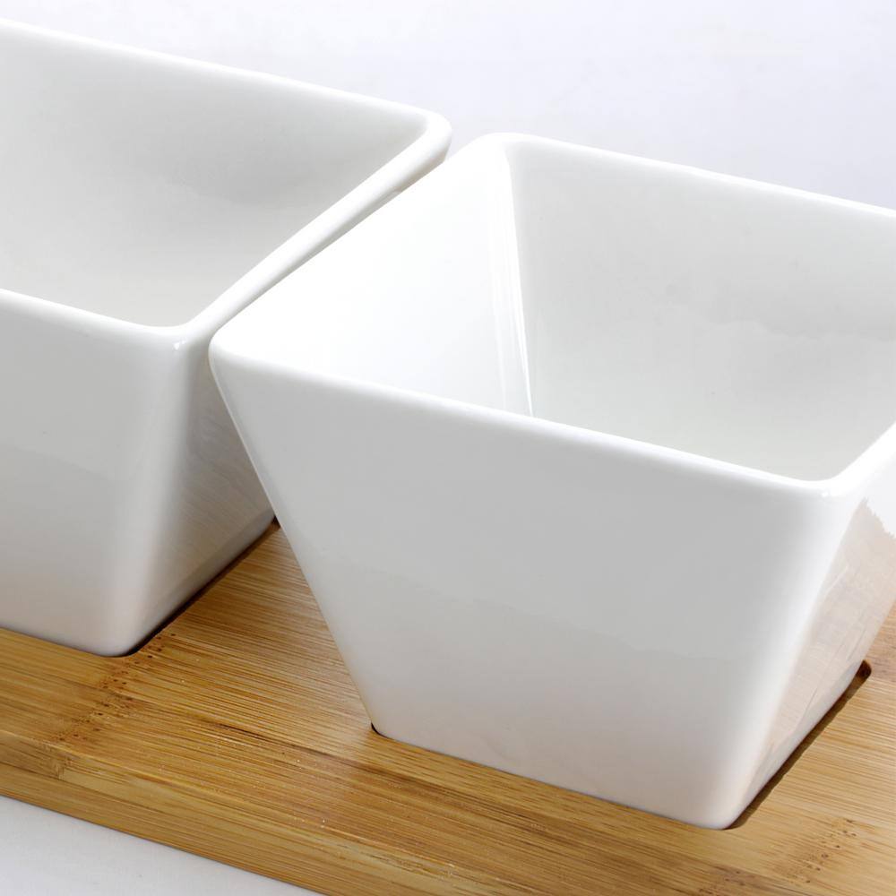 White Ceramic and Bamboo Rectangular Serving Set, 5 Piece