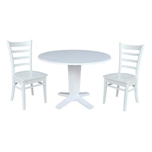 Aria White Solid Wood 42 in Drop-leaf Pedestal Base Dining Set with 2 Emily Side Chairs Seats 2