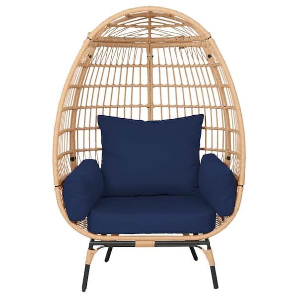 PATIOGUARDER Patio Gray Wicker Egg Lounge Chair with Removable Soft Navy Blue Cushion