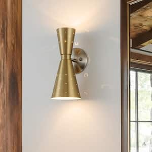 Rooks 13 in. 2-Light Industrial Brushed Brass Double Cone Up&Down Wall Sconce Dual Horn Hourglass Bathroom Vanity Light