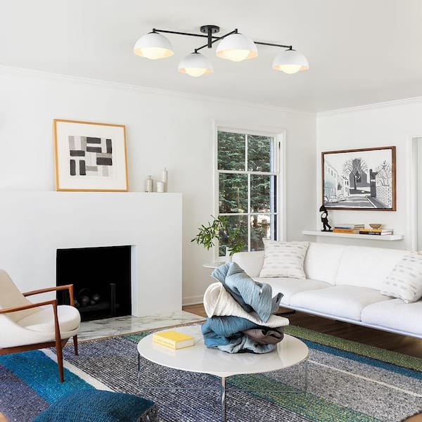 45 in. 4-Light Modern Matte Black Semi-Dome Metal Semi-Flush Mount Ceiling Light With Opal Globe Shade