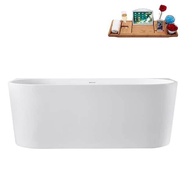 Streamline 67 in. x 32 in. Acrylic Freestanding Soaking Bathtub in Glossy White with Matte Oil Rubbed Bronze Drain, Bamboo Tray