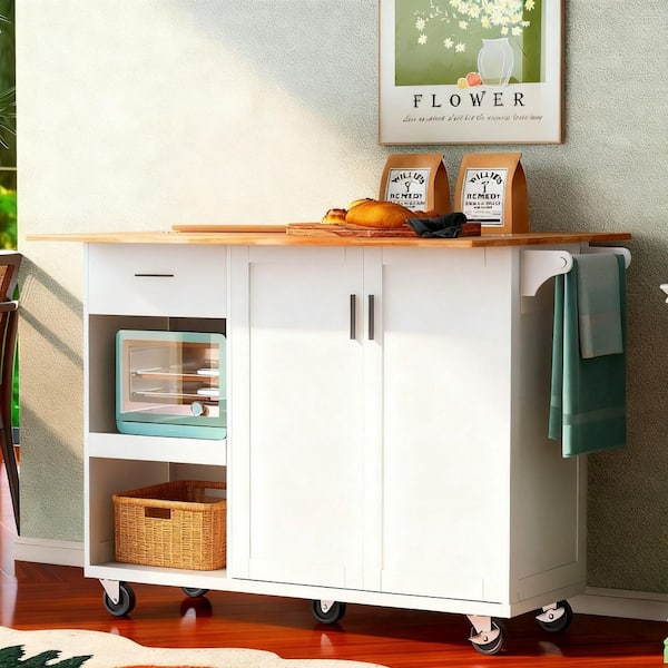 White Wood 49 in. Kitchen Island with Foldable Counter Top, Slide-Out Shelf, 2-Doors and 1-Drawer for Kitchen Room