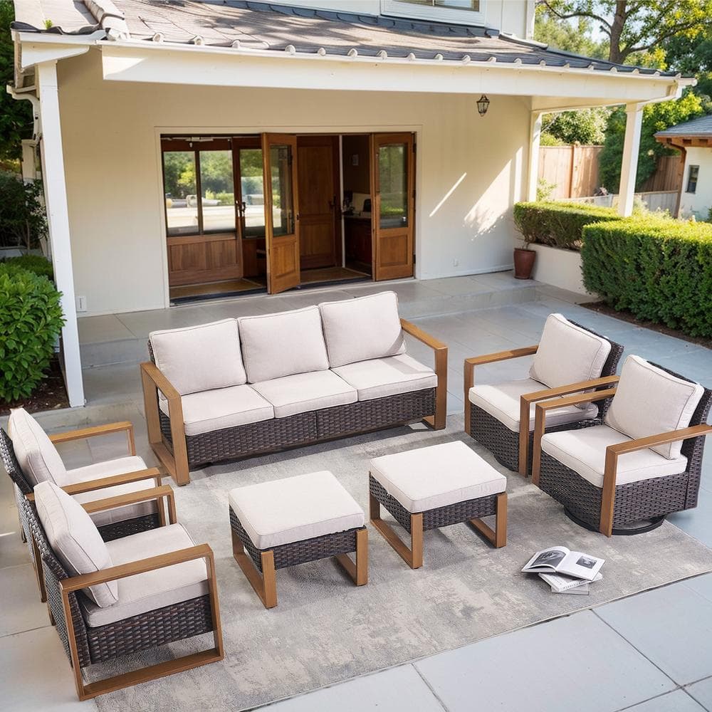 Beige and Brown Rattan Indoor-Outdoor Armchairs with Cushions