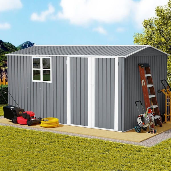 12 x 8 ft. Metal Storage Shed w/ Foundation Hinged Doors, Air Vents, Window for Backyard, Gray, Coverage Area-94 sq. ft.