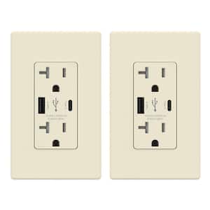 25-Watt 20 Amp Type C and Type A USB Duplex Outlet, Smart Chip High Speed Charging Wall Plate Included, Almond (2-Pack)