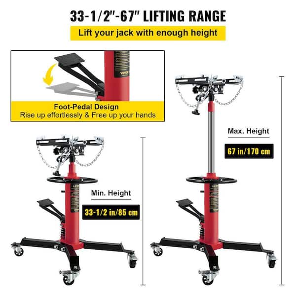 VEVOR MSDGYYCDQJ05T8KJXV0 1100 lbs. Red Transmission Jack 2-Stage Stand Hydraulic Floor Jack 67 in. w/ Foot Pedal 360-Degree Wheel for Garage/Shop - 3