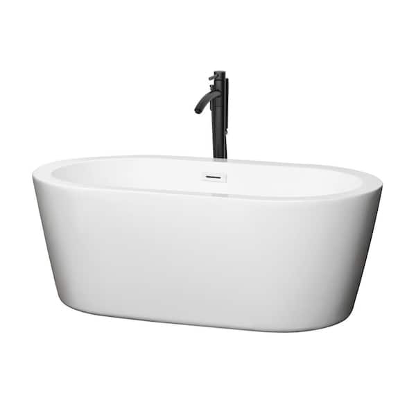 Wyndham Collection Mermaid 59.75 in. Acrylic Flatbottom Bathtub in White with Shiny White Trim and Matte Black Faucet