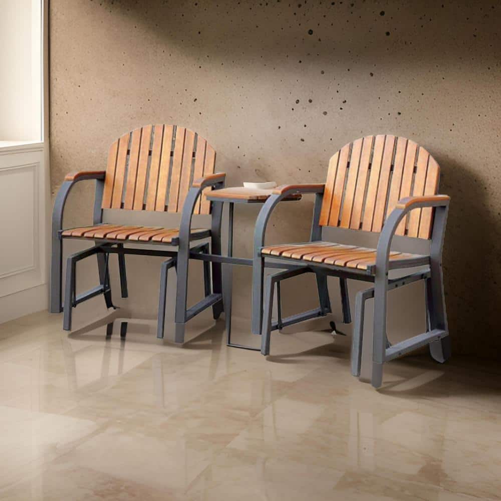 Contemporary Oak Finish Rocking Chair Set with Cast Iron Frame