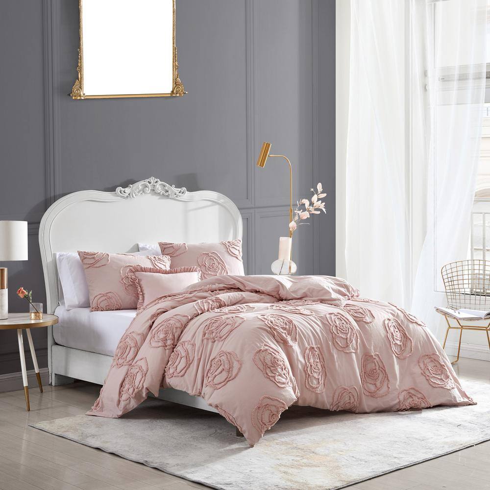 Blush Pink Cotton Twin Duvet Cover Set with Ruffle Pillow