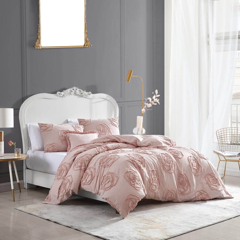 Blush Pink Cotton Full/Queen Duvet Cover Set with Tufted Roses