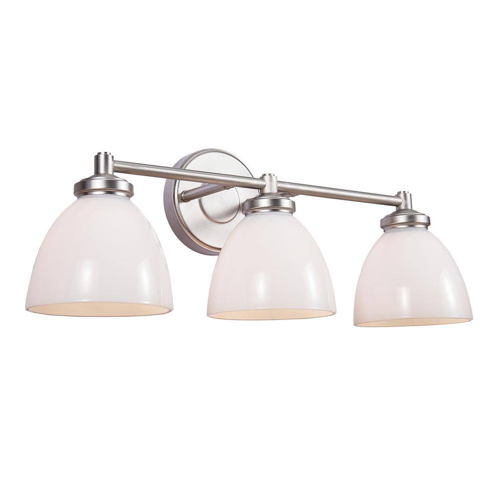 Brushed Nickel 3-Light Vanity Light with White Glass Shades