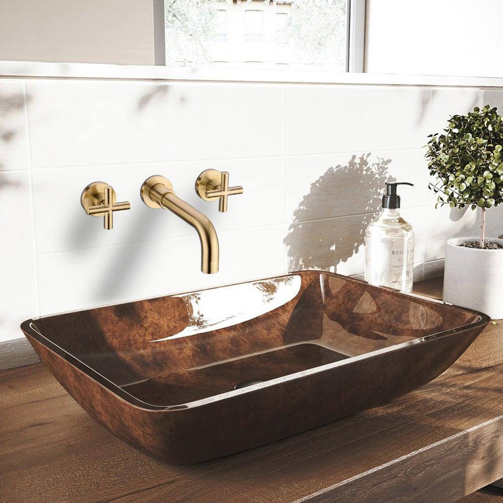 Brushed Gold Double Handle Wall Mount Bathroom Faucet