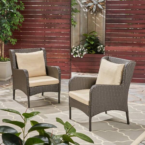 Noble House Adelaide Multi-Brown Plastic Outdoor Lounge Chairs with Beige Cushions (2-Pack)