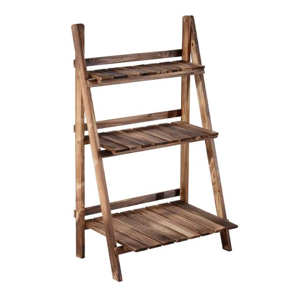 Outsunny 23.75 in. L x 14.2 in. W x 37 in. H Brown Wood Folding Flower Rack Stand for Plant Display