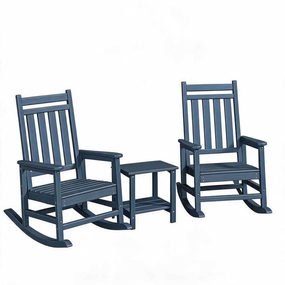 Navy Blue 3-Piece Plastic Patio Conversation Seating Set with HDPE 2 Rocking Chairs and 1 Side Table for Porch, Garden