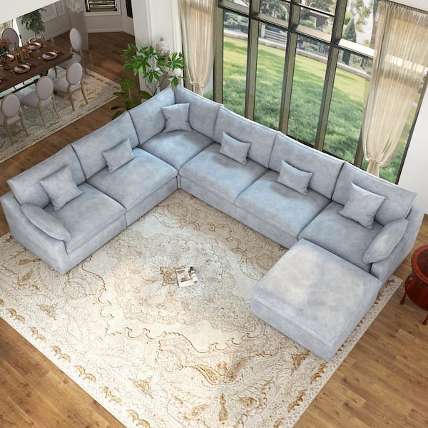 155.9 in. Square Arm 7-Piece Linen Down Modular Free Combination Sectional Sofa with Ottoman, Removable Covers in Gray