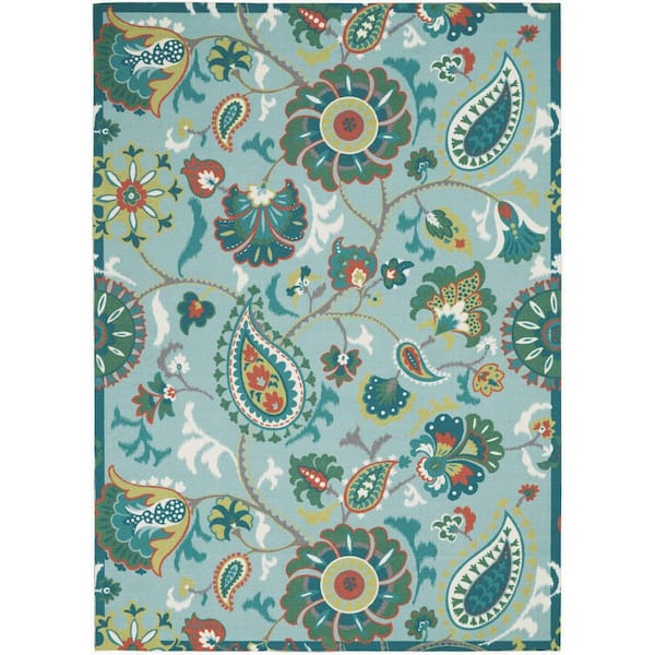 Waverly Sun N Shade Light Blue 5 ft. x 8 ft. Floral Geometric Traditional Indoor/Outdoor Area Rug
