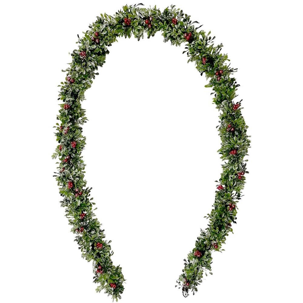 Fraser Hill Farm 9 ft. Artificial Frosted Faux Boxwood Garland with Red Berries