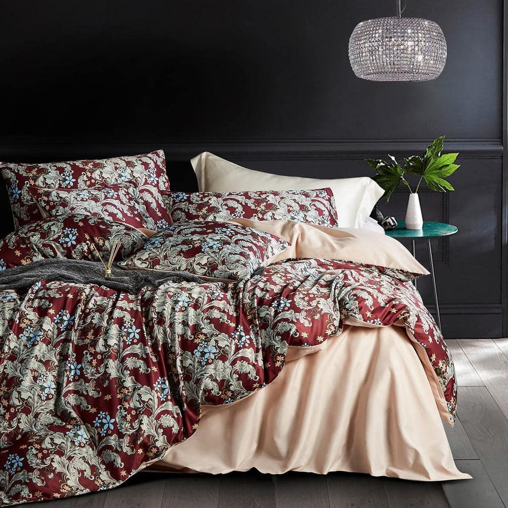 5-Piece Red Microfiber King Duvet Cover Set