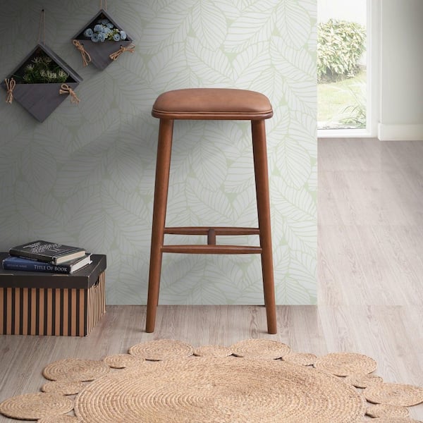 Almere Modern 30 in. H Brown and Light Tan Solid Wood Frame Bar Stool with PU Leather Upholstery Seat, Footrest