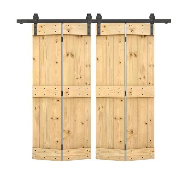 CALHOME 44 in. x 84 in. Mid-Bar Series Solid Core Unfinished DIY Wood Double Bi-Fold Barn Doors with Sliding Hardware Kit