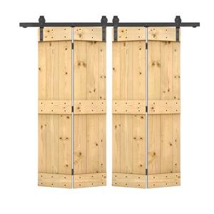 Mid-Bar Pre Assembled 60 in. x 84 in. Solid Core Unfinished Wood Double Bi-Fold Barn Doors with Sliding Hardware Kit
