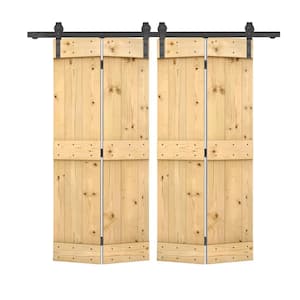 Mid-Bar Pre Assembled 72 in. x 84 in. Solid Core Unfinished Wood Double Bi-Fold Barn Doors with Sliding Hardware Kit