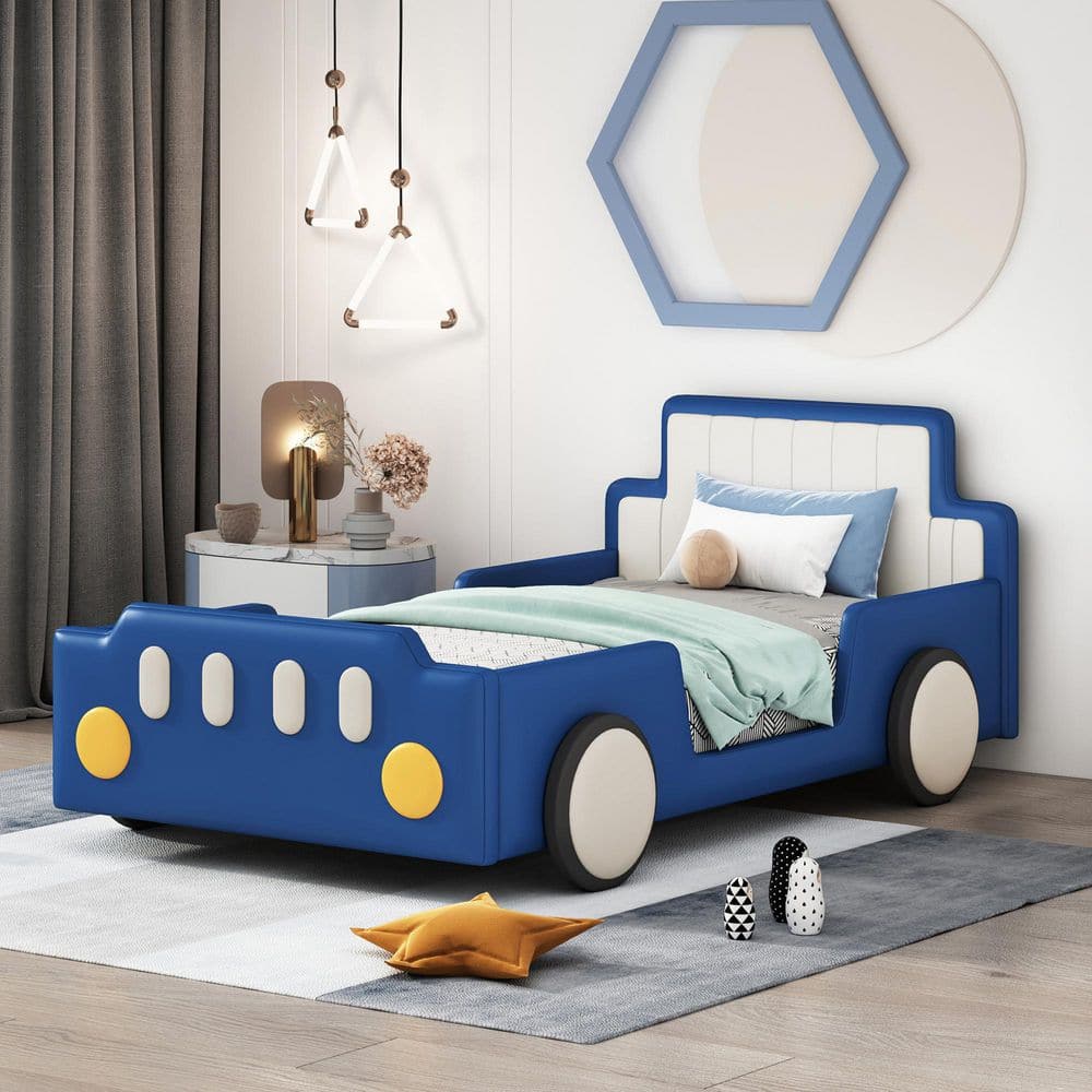 Harper & Bright Designs Blue Twin Size Race Car-Shaped Cute Kids
