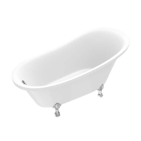 LORDEAR 67 in. Acrylic Clawfoot Bathtub in White with Brushed Nickel Overflow and Drain Oval Soaking Bathtub
