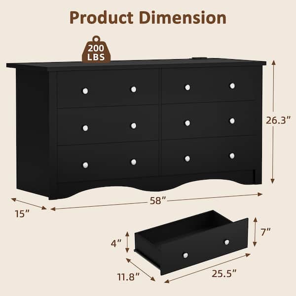 LACOO Creaser 47.2 in. Black Dresser with Power Outlet, 6-Drawers Dresser for Bedroom, Chest of Drawers, Wooden Dressers V-WD-1002-BK LACOO Creaser 47.2 in. Black Dresser with Power Outlet, 6-Drawers Dresser for Bedroom, Chest of Drawers, Wooden Dressers V-WD-1002-BK