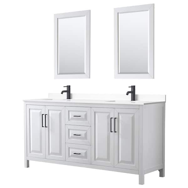 Wyndham Collection Daria 72 in. W x 22 in. D x 35.75 in. H Double Bath Vanity in White with White Cultured Marble Top and 24 in. Mirrors