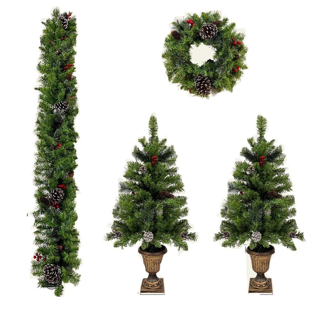 3 ft. Pre-lit Artificial Christmas Tree Set with Garland, Wreath and 2 Entr