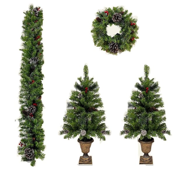 Unbranded 3 ft. Pre-lit Artificial Christmas Tree Set with Garland, Wreath and 2 Entrance Xmas Trees with LED Lights (4-Piece)