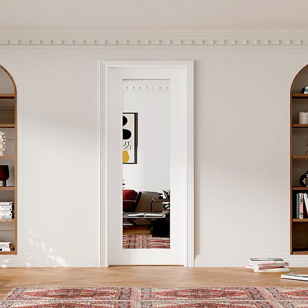 30 in. x 80 in. 1-Lite Mirrored Glass Single Prehung Interior Door Left-Handed MDF White with Door Jamb and Hareware Kit