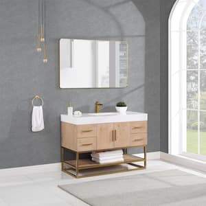 Bianco 48D in. W x 22 in. D x 34 in. H Single Sink Bath Vanity in Light Brown with White Composite Stone Top and Mirror