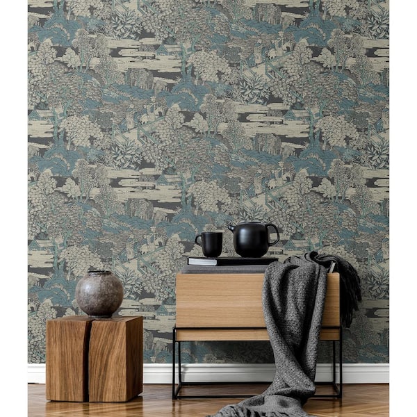 56 sq. ft. Aegean Blue Tory Garden Paper Unpasted Wallpaper Roll