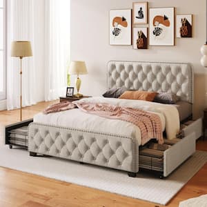 Beige Metal Frame Full Size Button Tufted Nailhead Upholstered Platform Bed with 4 Large Drawers