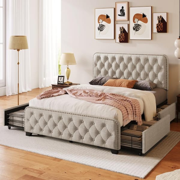 Harper & Bright Designs Beige Metal Frame Full Size Button Tufted Nailhead Upholstered Platform Bed with 4 Large Drawers