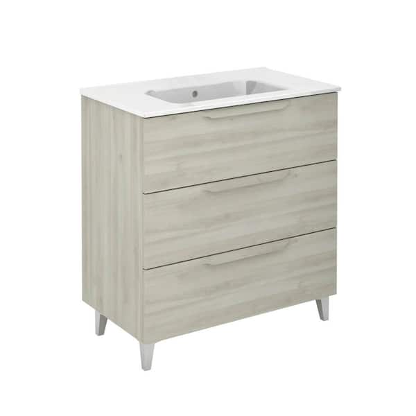 null Urban 32 in. W x 18 in. D x 34 in. H. Bath Vanity 3-Drawers in Nature White with White Vanity Top with White Basin