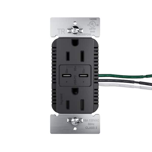 radiant 15A Tamper Resistant 65W Power Delivery USB Type C Duplex Outlet Black
