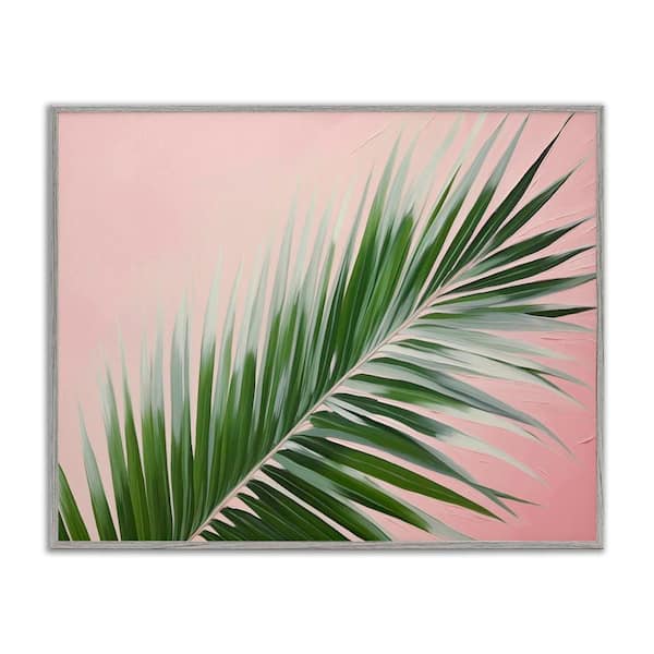 Stupell Industries Wispy Palm Leaf on Pink by Arlington Prints Gray Framed Nature Giclee Art Print 16 in. x 20 in.