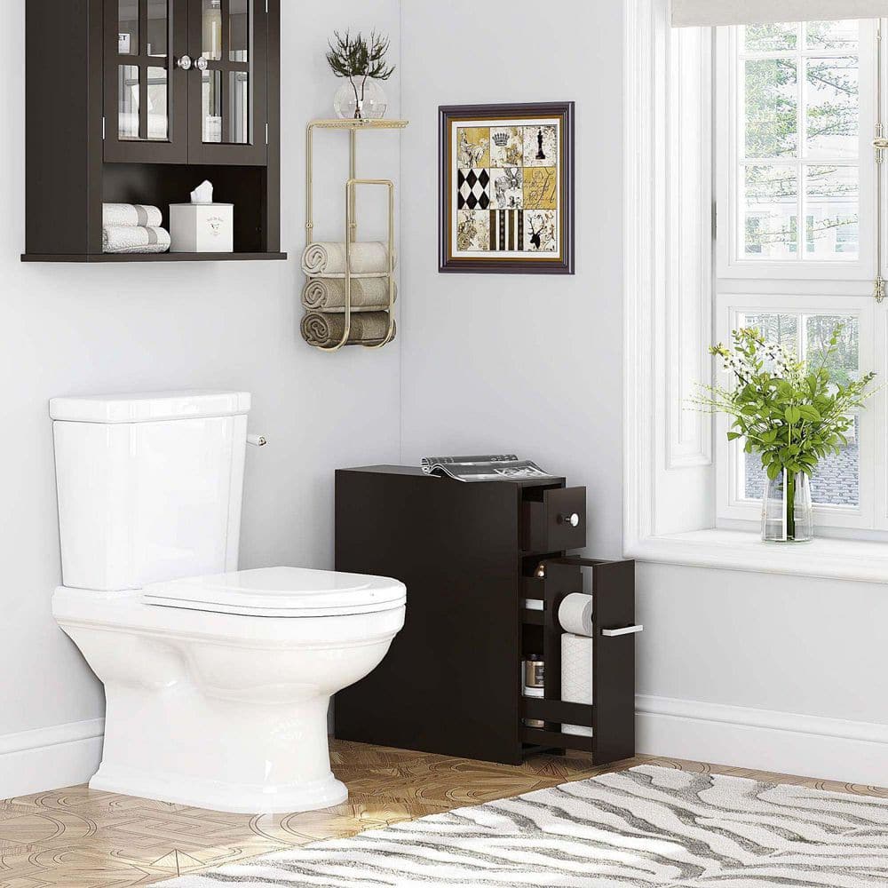 Espresso Slim Freestanding Bathroom Storage Cabinet with Slide-Out Drawer
