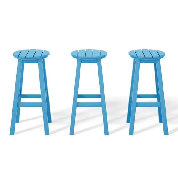 Laguna 29 in. HDPE Plastic All Weather Backless Round Seat Bar Height Outdoor Bar Stool in Pacific Blue (Set of 3)