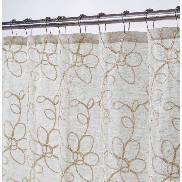 Linen Embroidered Shower Curtain, Embroidered Shower Curtain With Tassels