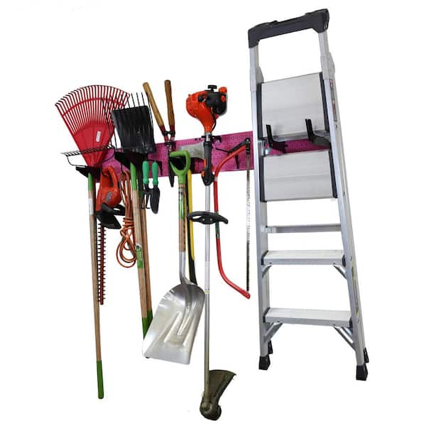 8 in. H x 64 in. W Garage Tool Storage Lawn and Garden Tool Organization Rack with Colorful Pink Pegboard and Black Hook